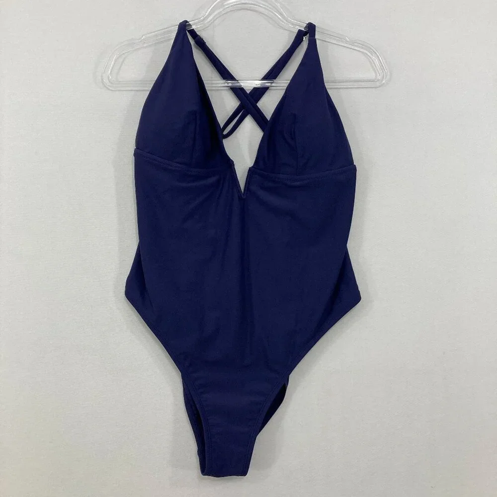 New CUPSHE size XL Navy One Piece Swimsuit V Neck Deep Cross Back‎